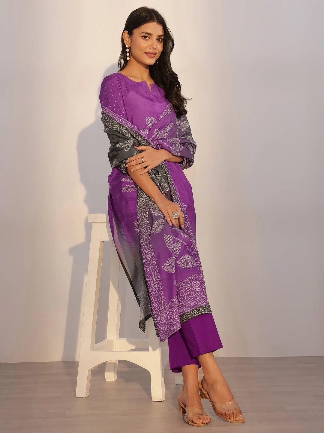  Purple Printed Silk Blend Straight Suit With Dupatta 