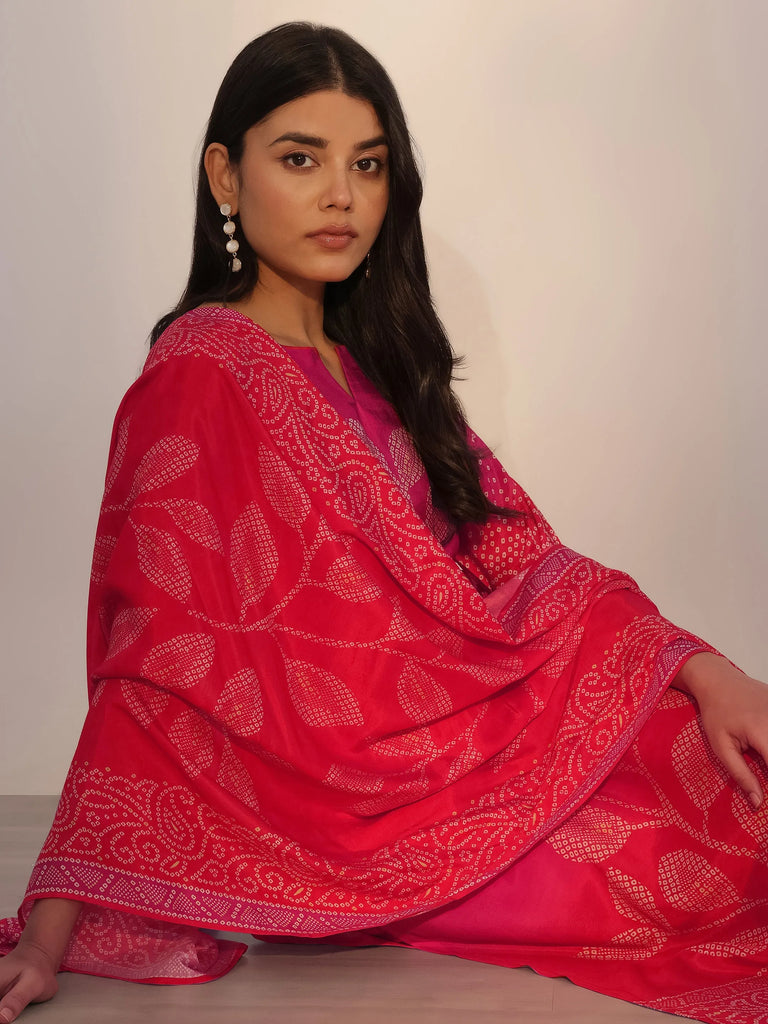 Libas Pink Printed Silk Blend Straight Suit With Dupatta