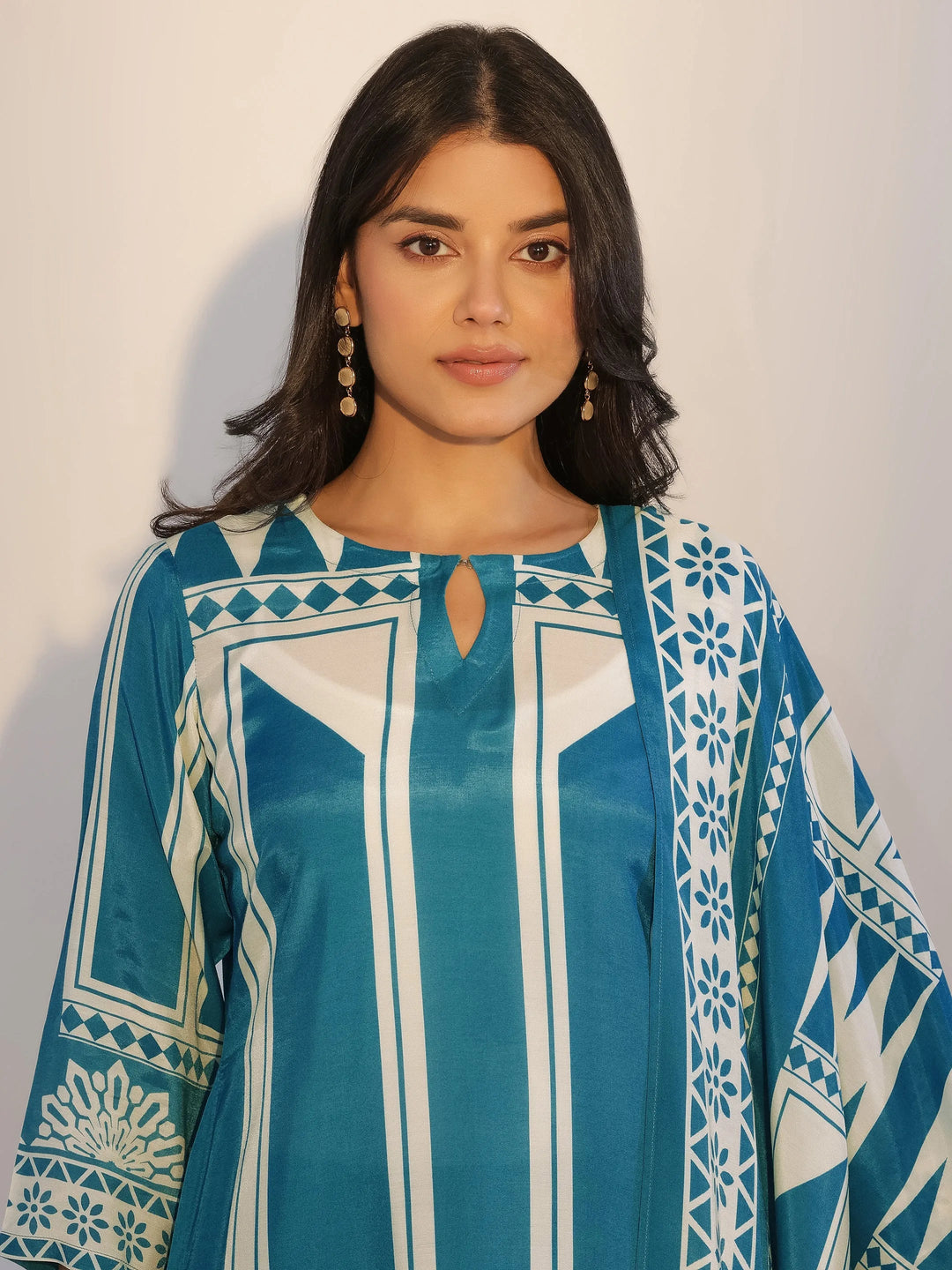  Teal Printed Silk Blend Straight Suit With Dupatta 