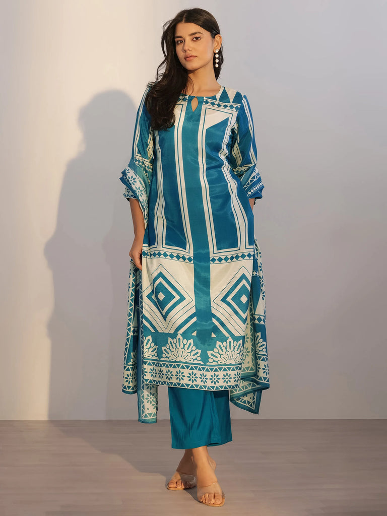 Libas Teal Printed Silk Blend Straight Suit With Dupatta