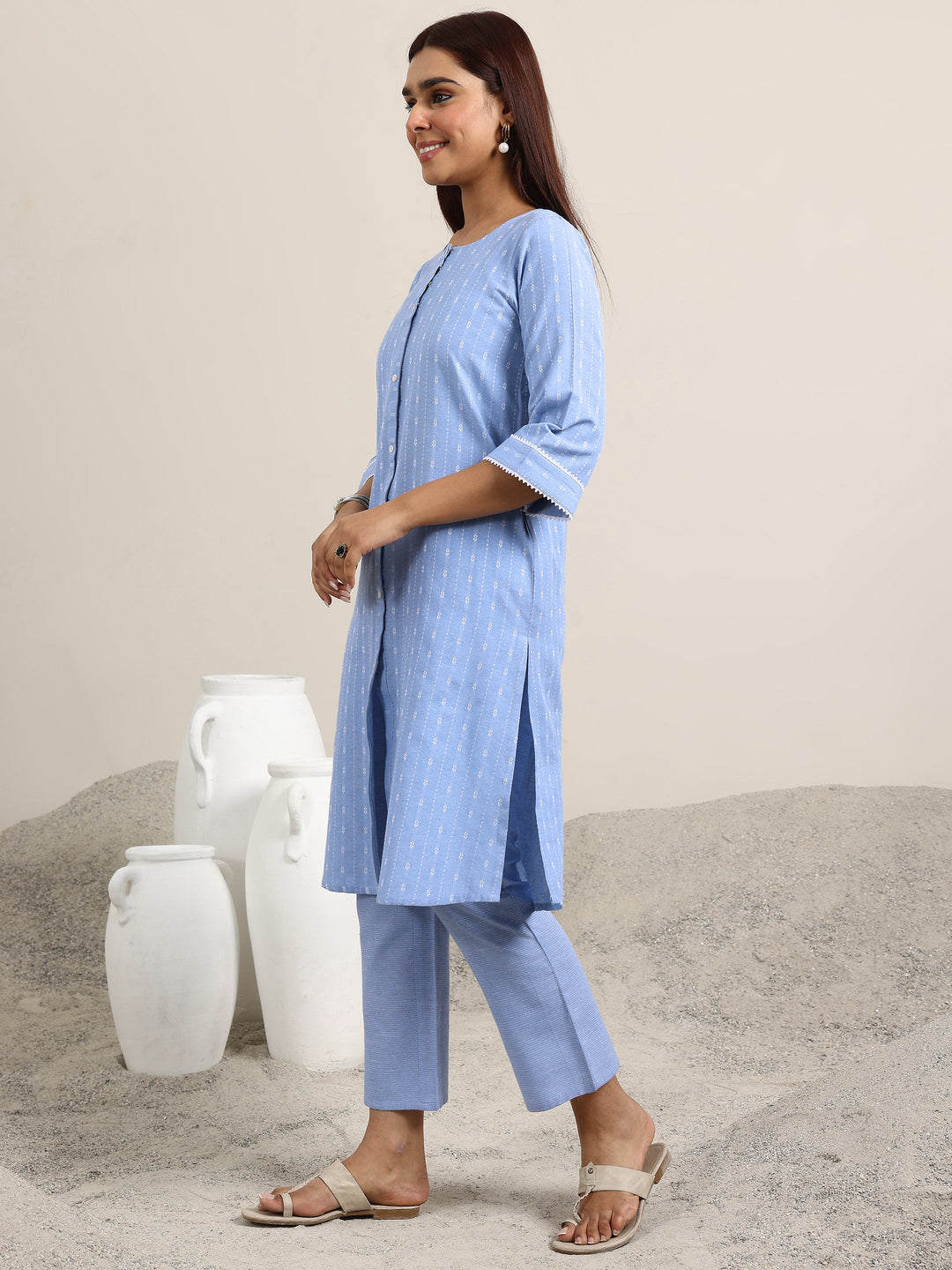 Blue Woven Design Cotton Blend Straight Kurta Set 