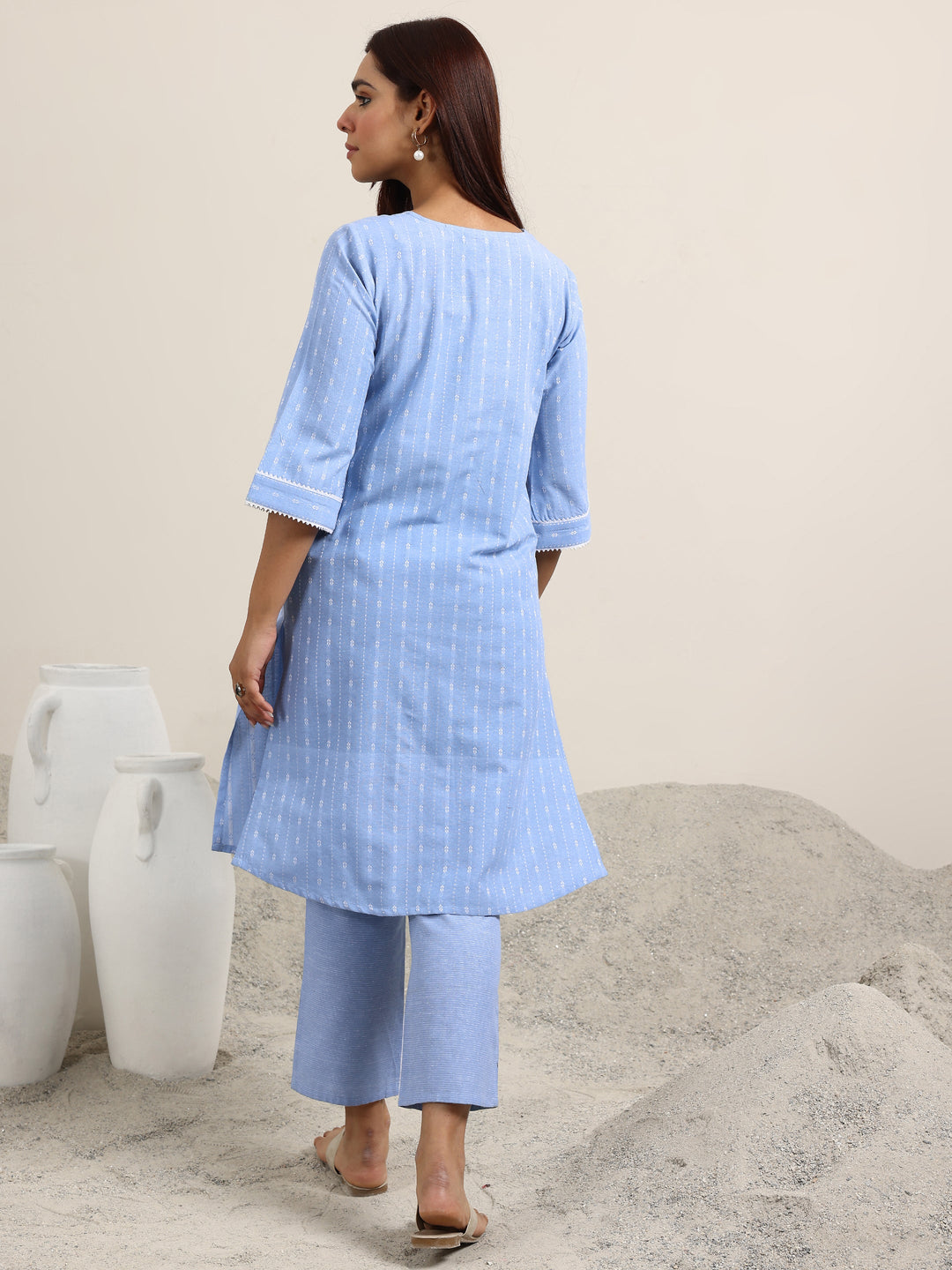  Blue Woven Design Cotton Blend Straight Kurta Set 
