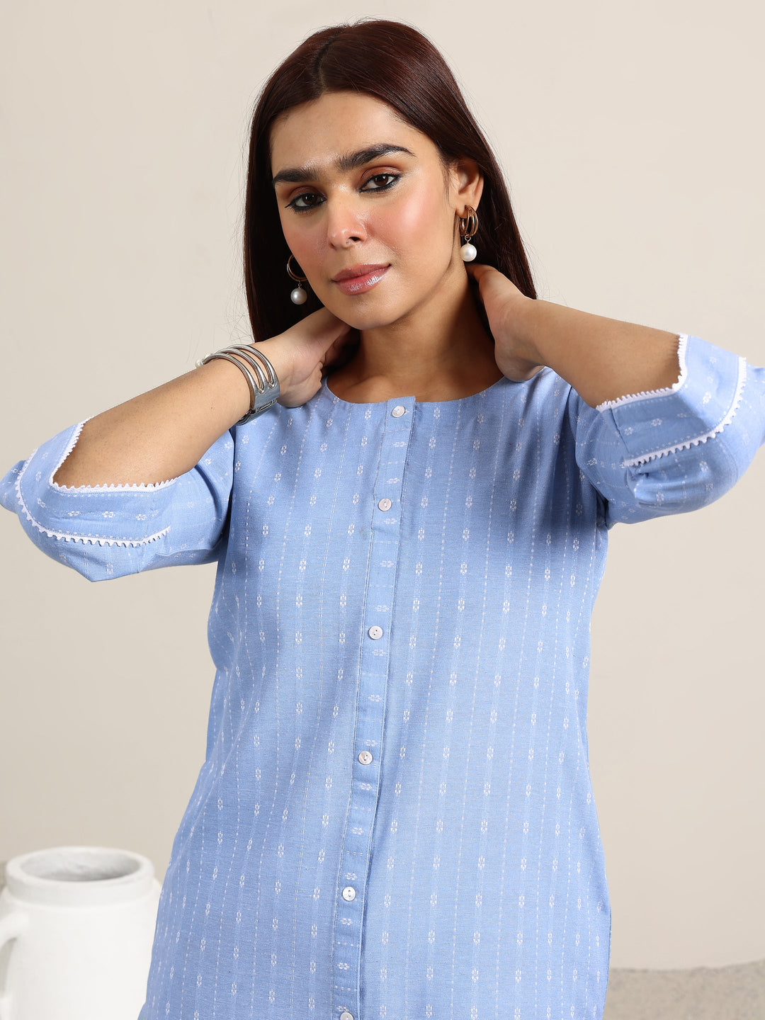  Blue Woven Design Cotton Blend Straight Kurta Set 