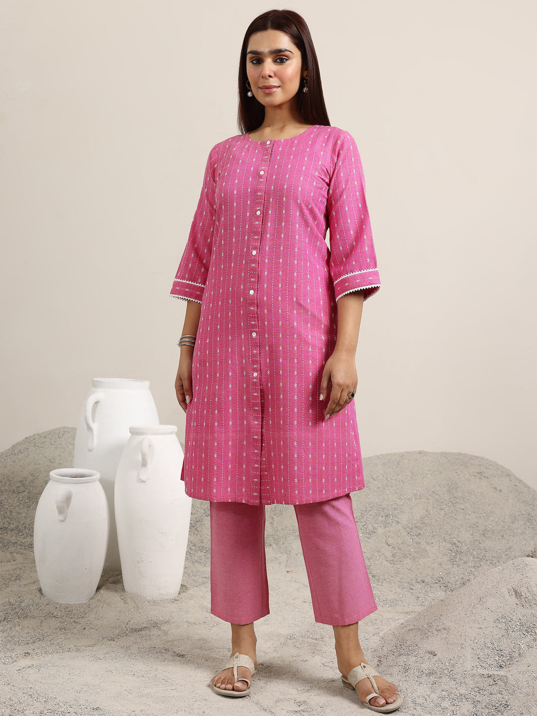  Pink Woven Design Cotton Blend Straight Kurta Set 