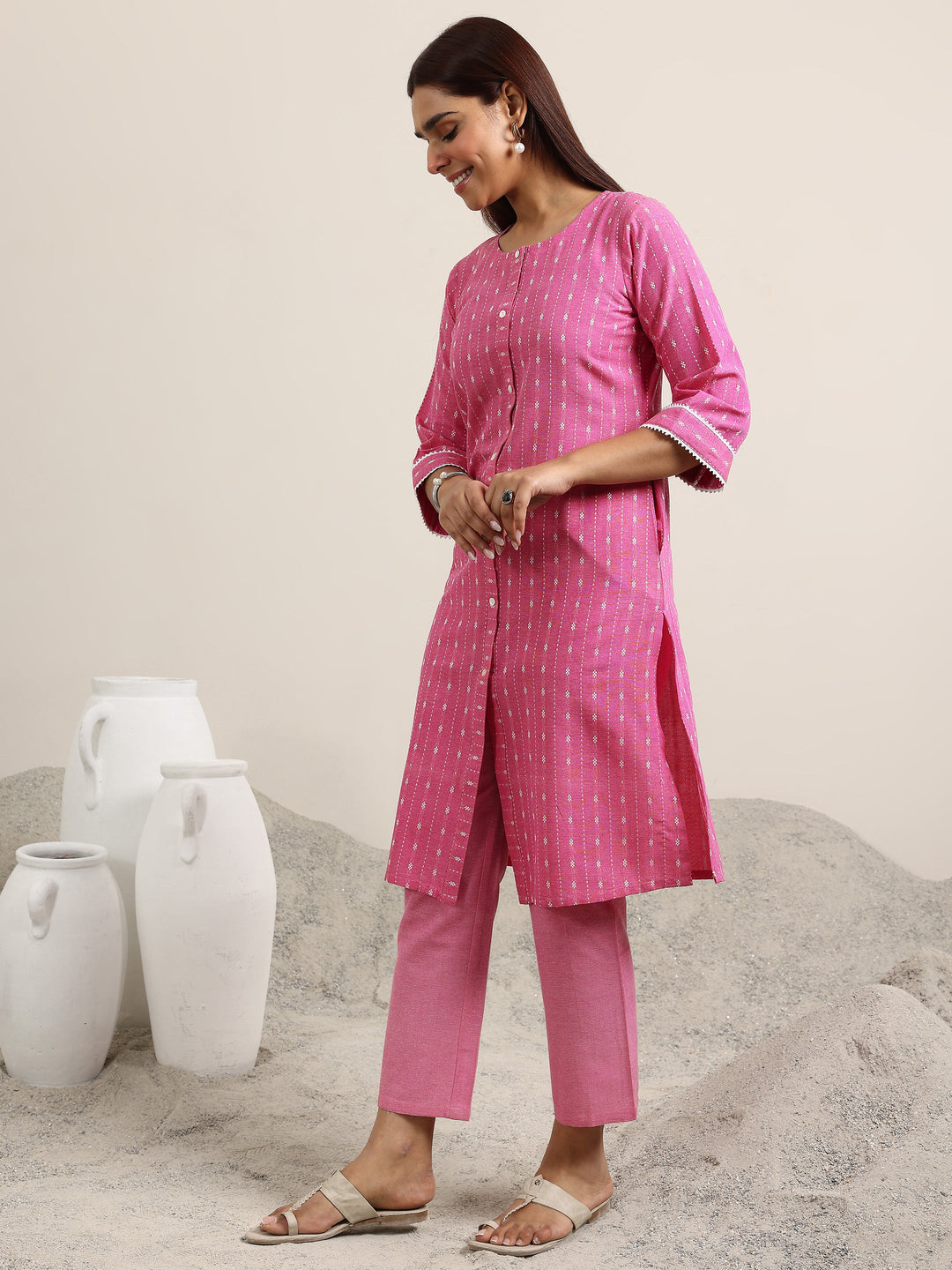  Pink Woven Design Cotton Blend Straight Kurta Set 