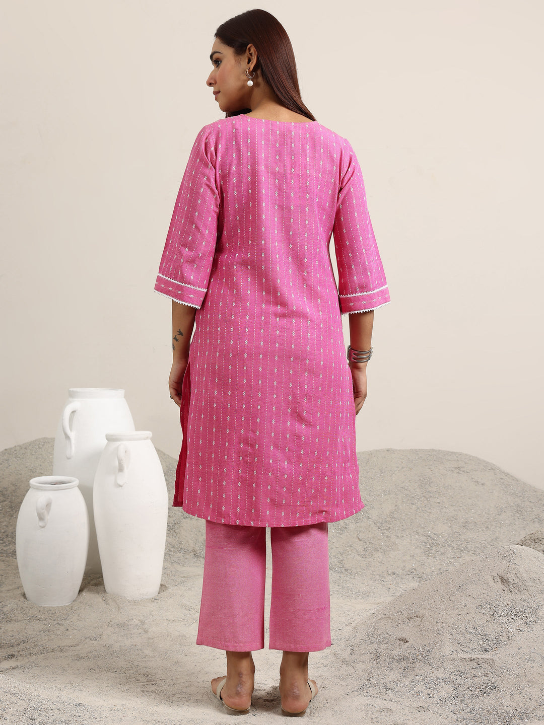  Pink Woven Design Cotton Blend Straight Kurta Set 