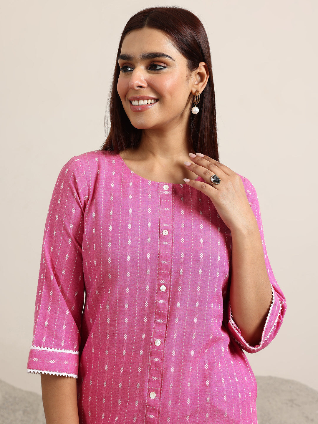  Pink Woven Design Cotton Blend Straight Kurta Set 