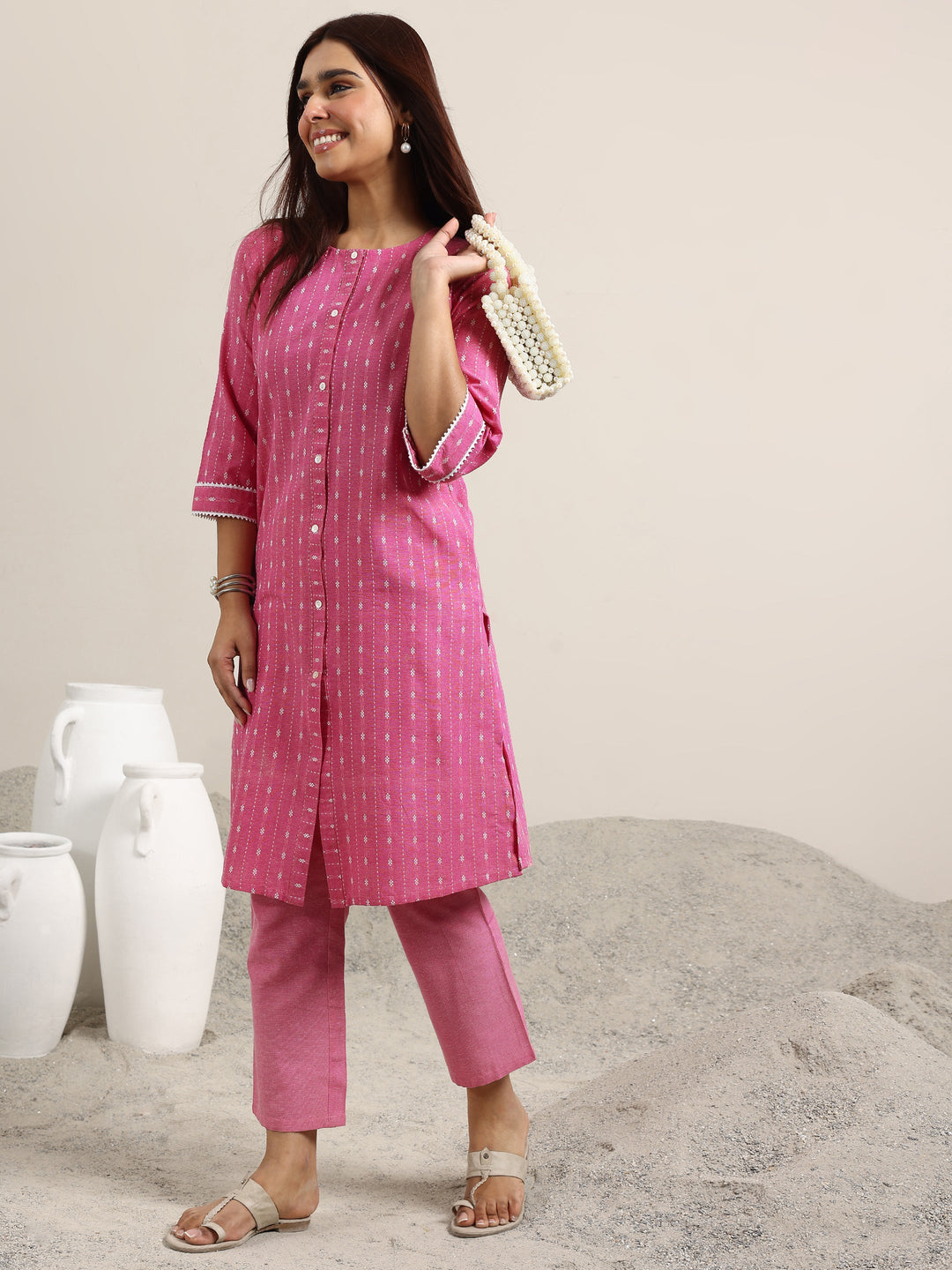  Pink Woven Design Cotton Blend Straight Kurta Set 