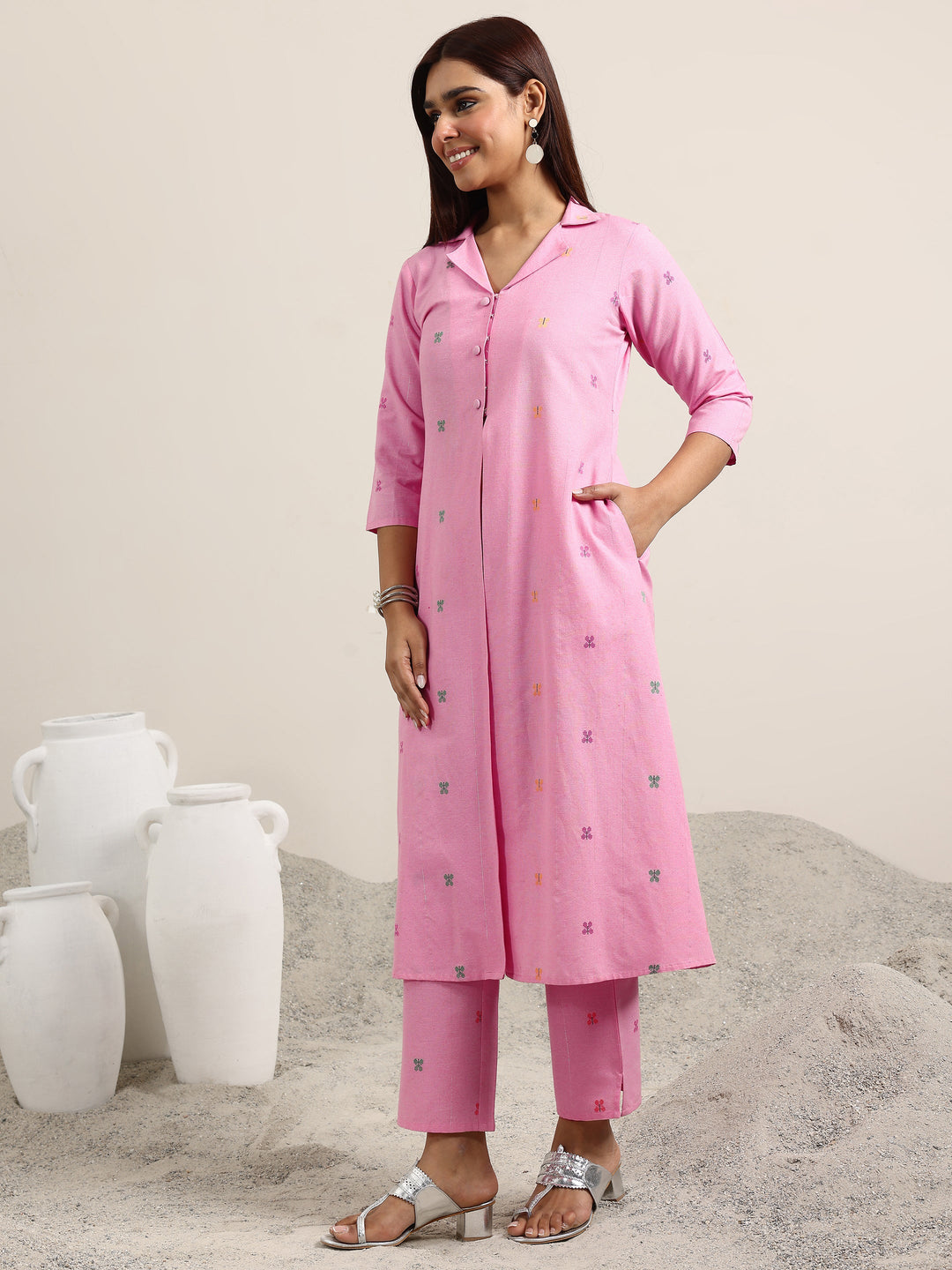  Pink Woven Design Cotton Blend A-Line Kurta Set 