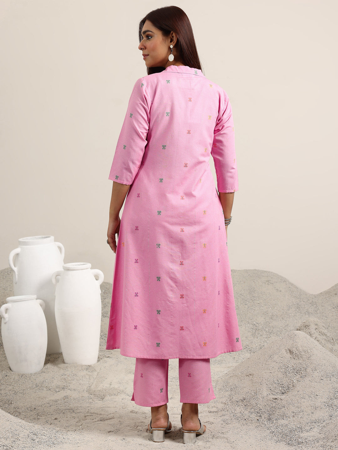  Pink Woven Design Cotton Blend A-Line Kurta Set 
