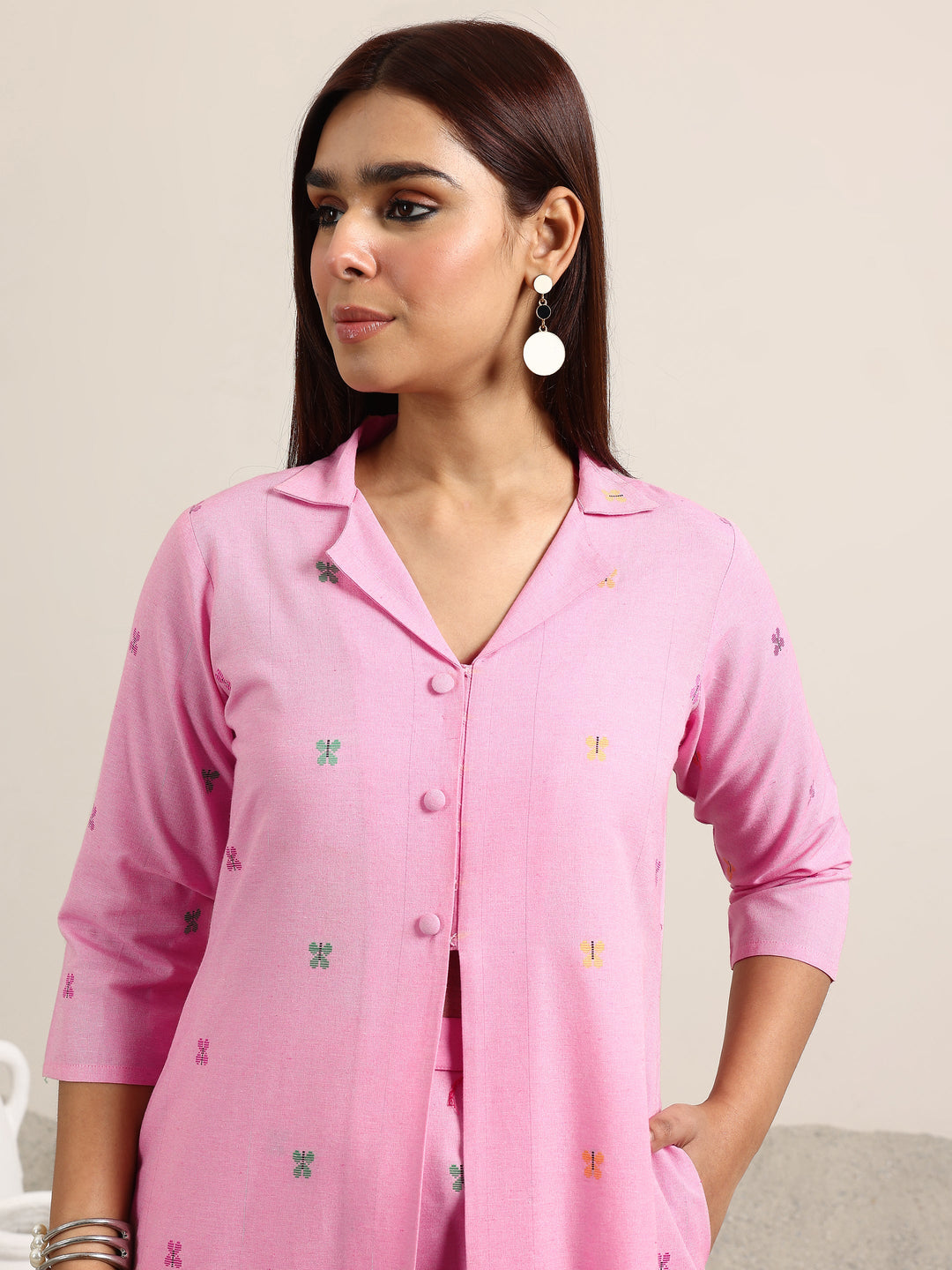  Pink Woven Design Cotton Blend A-Line Kurta Set 