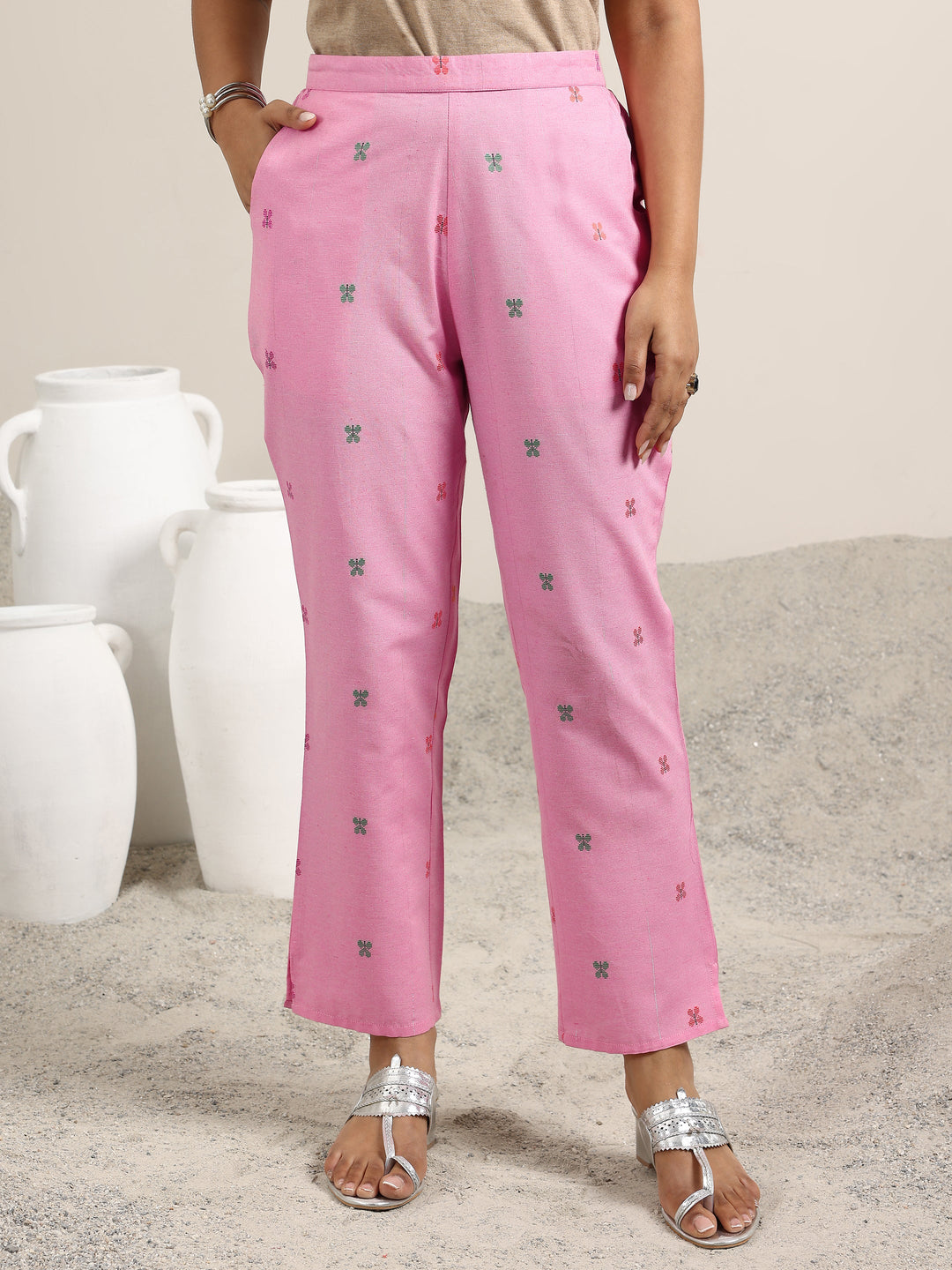  Pink Woven Design Cotton Blend A-Line Kurta Set 