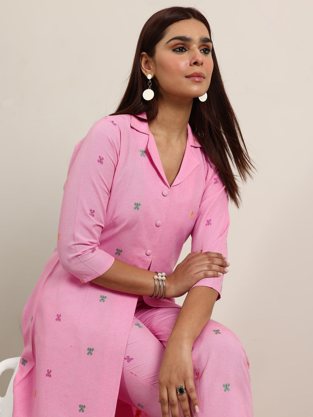  Pink Woven Design Cotton Blend A-Line Kurta Set 