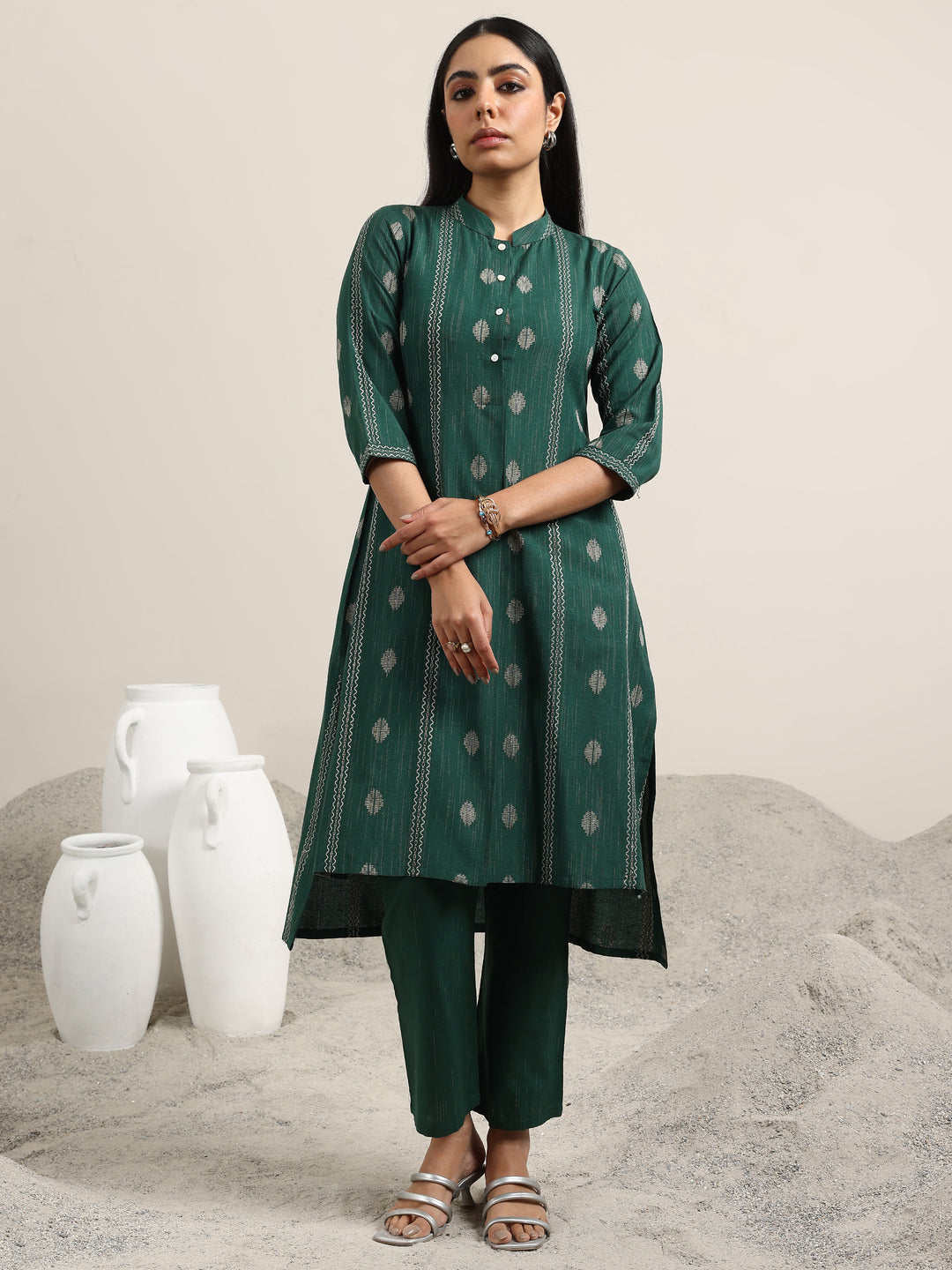  Green Woven Design Cotton Blend Straight Kurta Set 