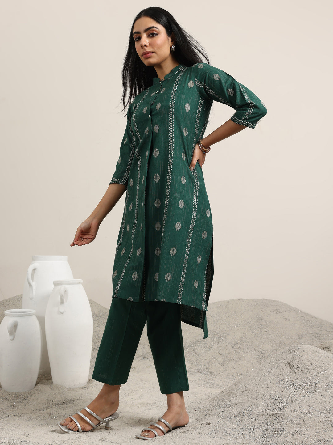  Green Woven Design Cotton Blend Straight Kurta Set 