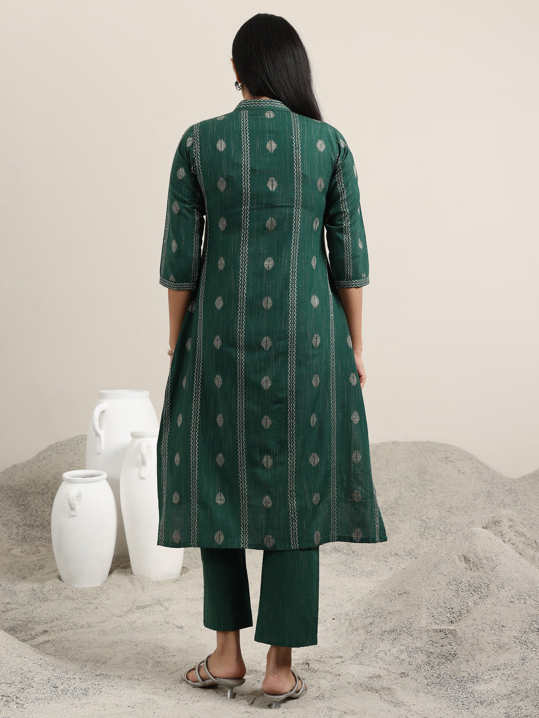  Green Woven Design Cotton Blend Straight Kurta Set 
