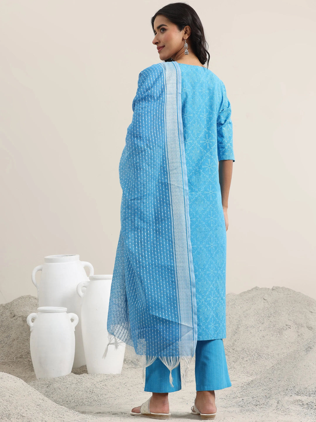  Blue Printed Cotton Straight Suit With Dupatta 