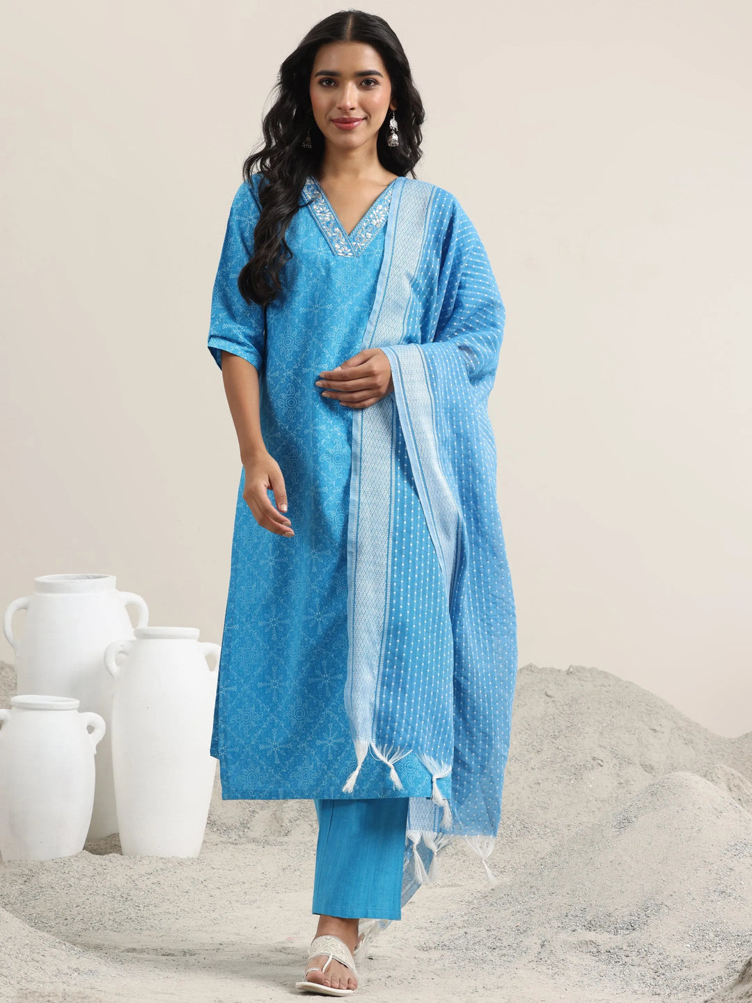  Blue Printed Cotton Straight Suit With Dupatta 