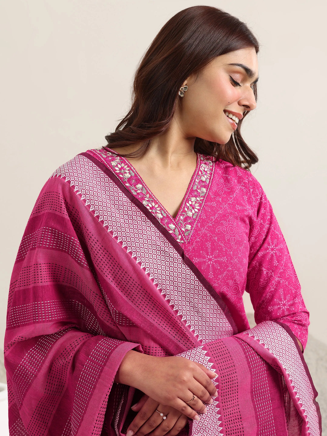  Pink Printed Cotton Straight Suit With Dupatta 