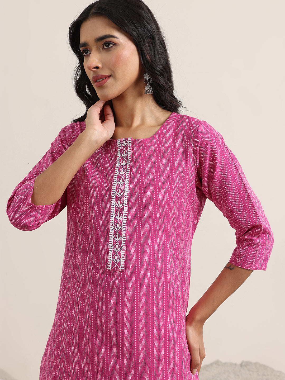  Pink Woven Design Cotton Straight Suit With Dupatta 