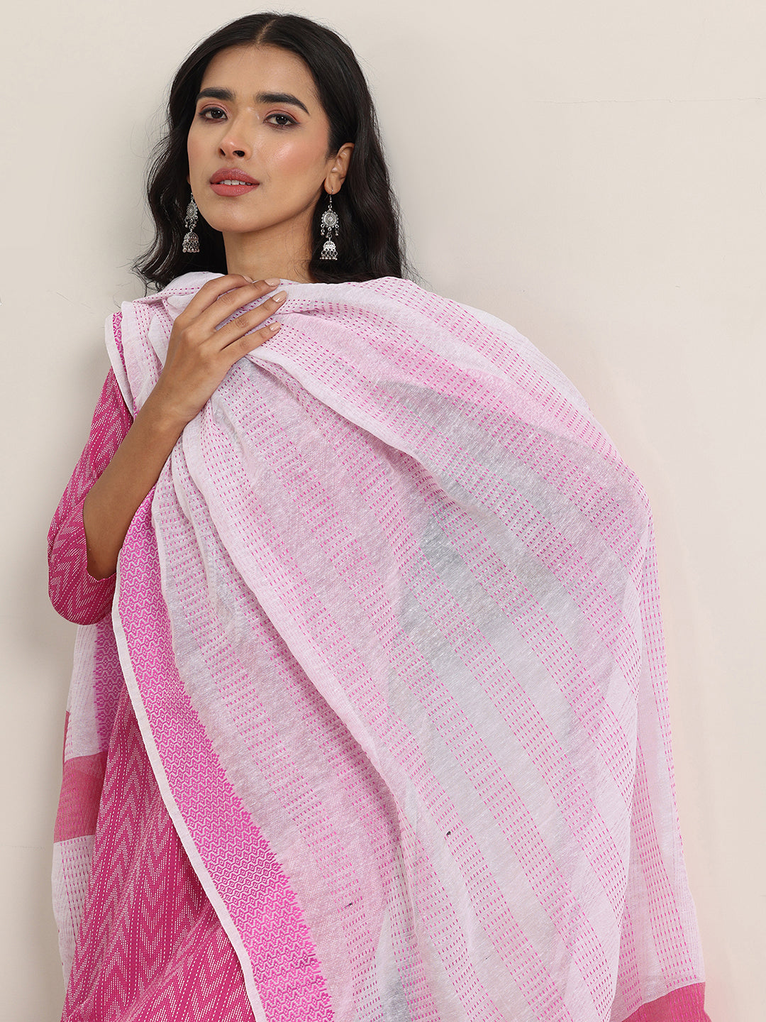  Pink Woven Design Cotton Straight Suit With Dupatta 