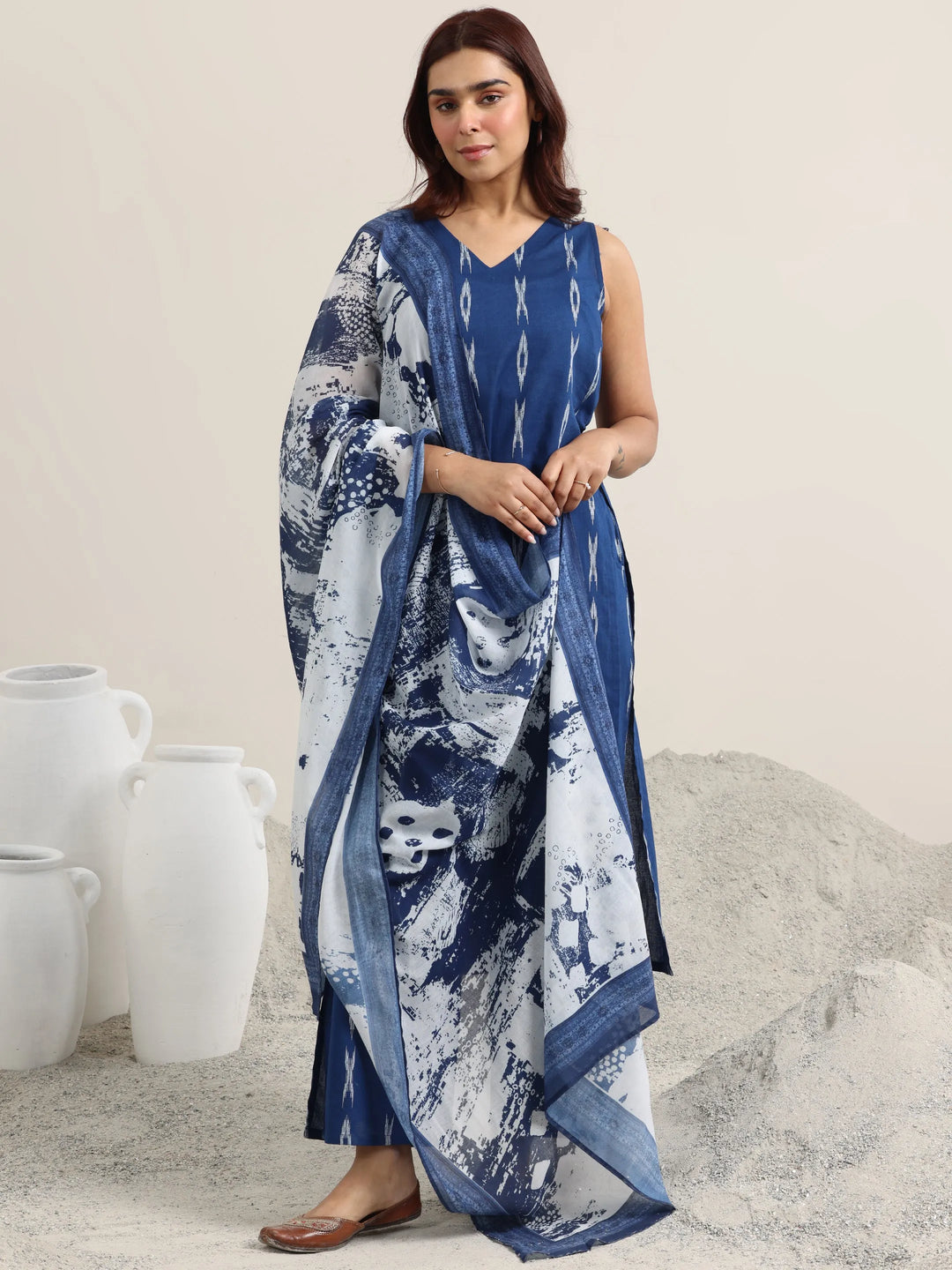  Blue Woven Design Cotton Straight Suit With Dupatta 