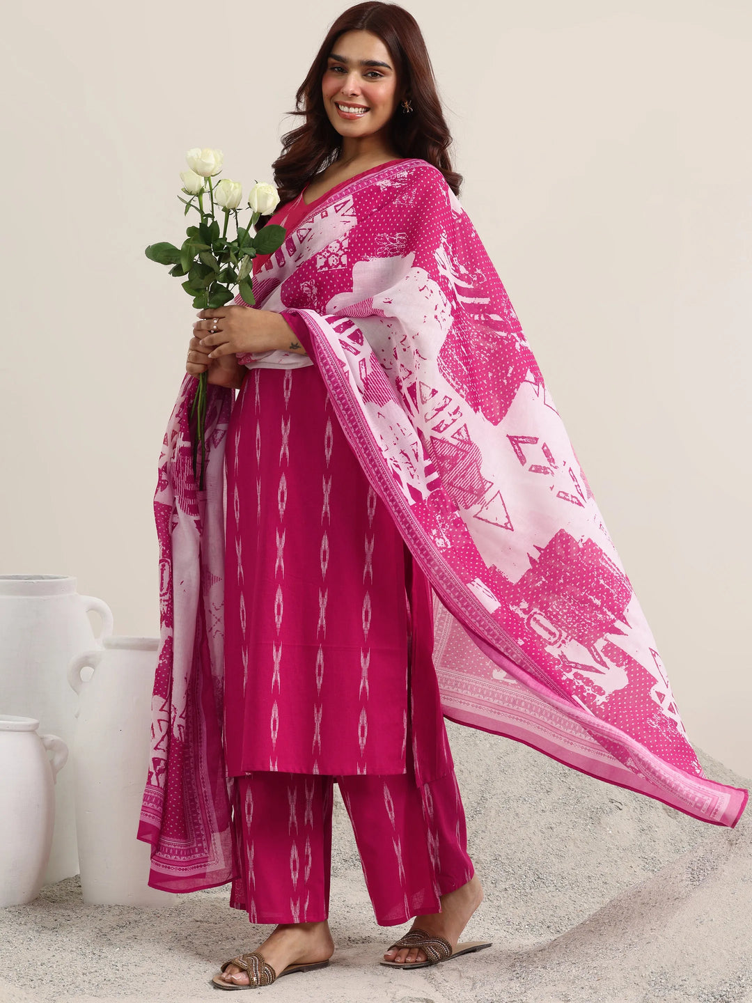  Pink Woven Design Cotton Straight Suit With Dupatta 