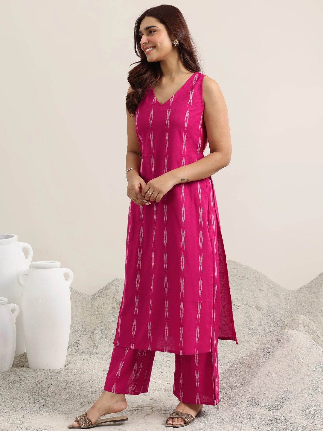  Pink Woven Design Cotton Straight Suit With Dupatta 