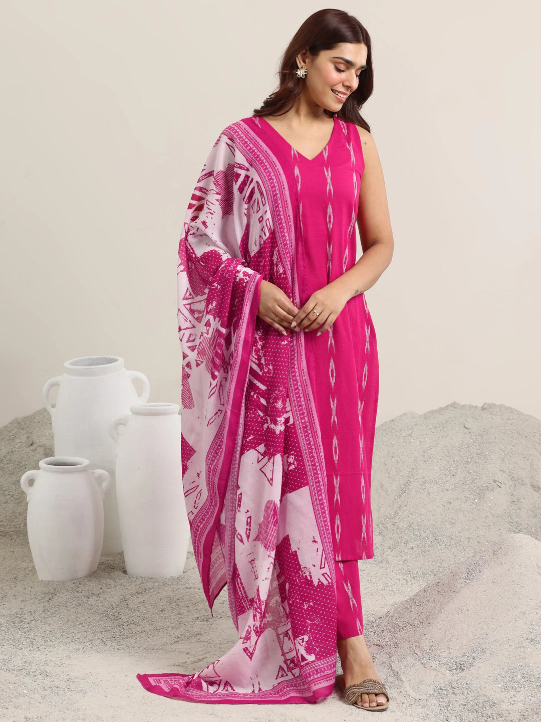  Pink Woven Design Cotton Straight Suit With Dupatta 