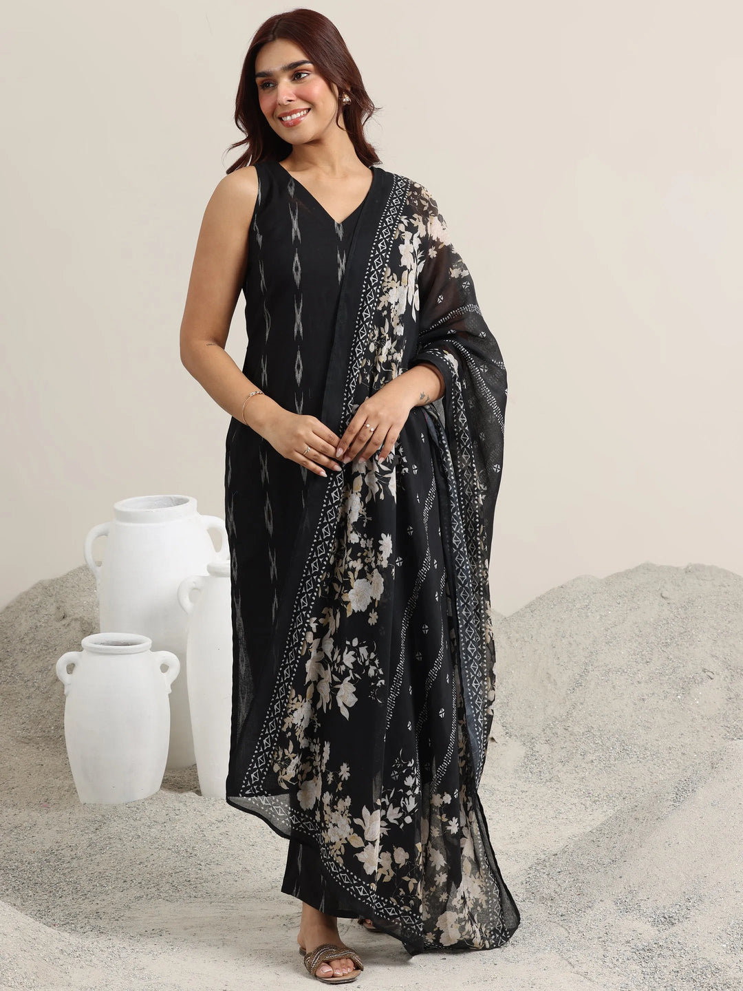  Black Woven Design Cotton Straight Suit With Dupatta 