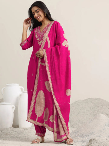 Pink Embroidered Rayon Straight Suit With Dupatta
