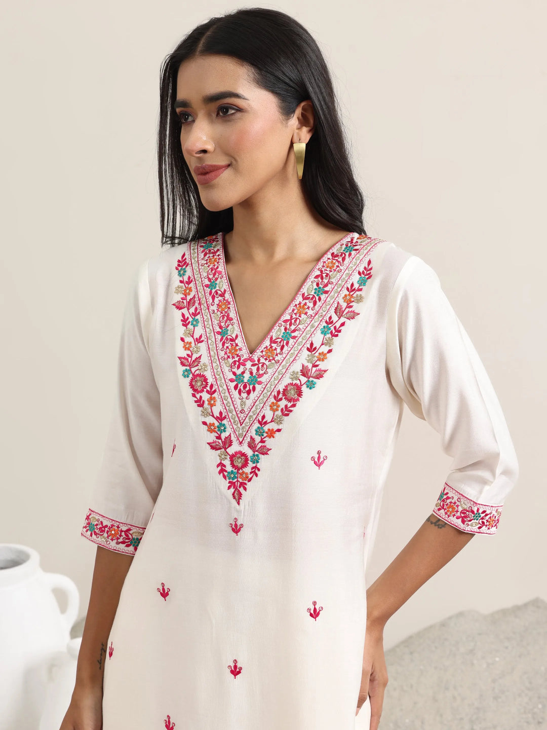  White Embroidered Rayon Straight Suit With Dupatta 
