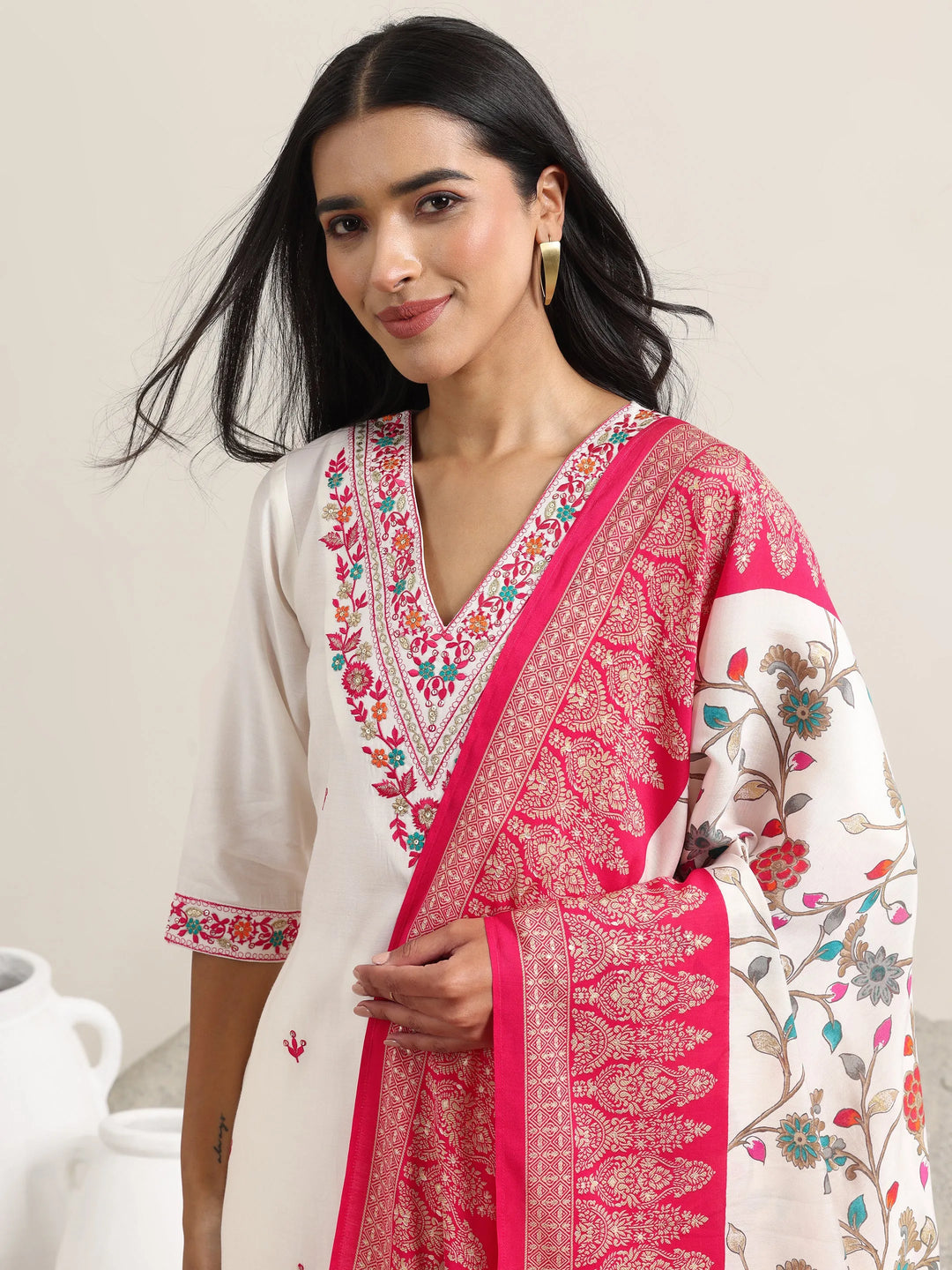  White Embroidered Rayon Straight Suit With Dupatta 