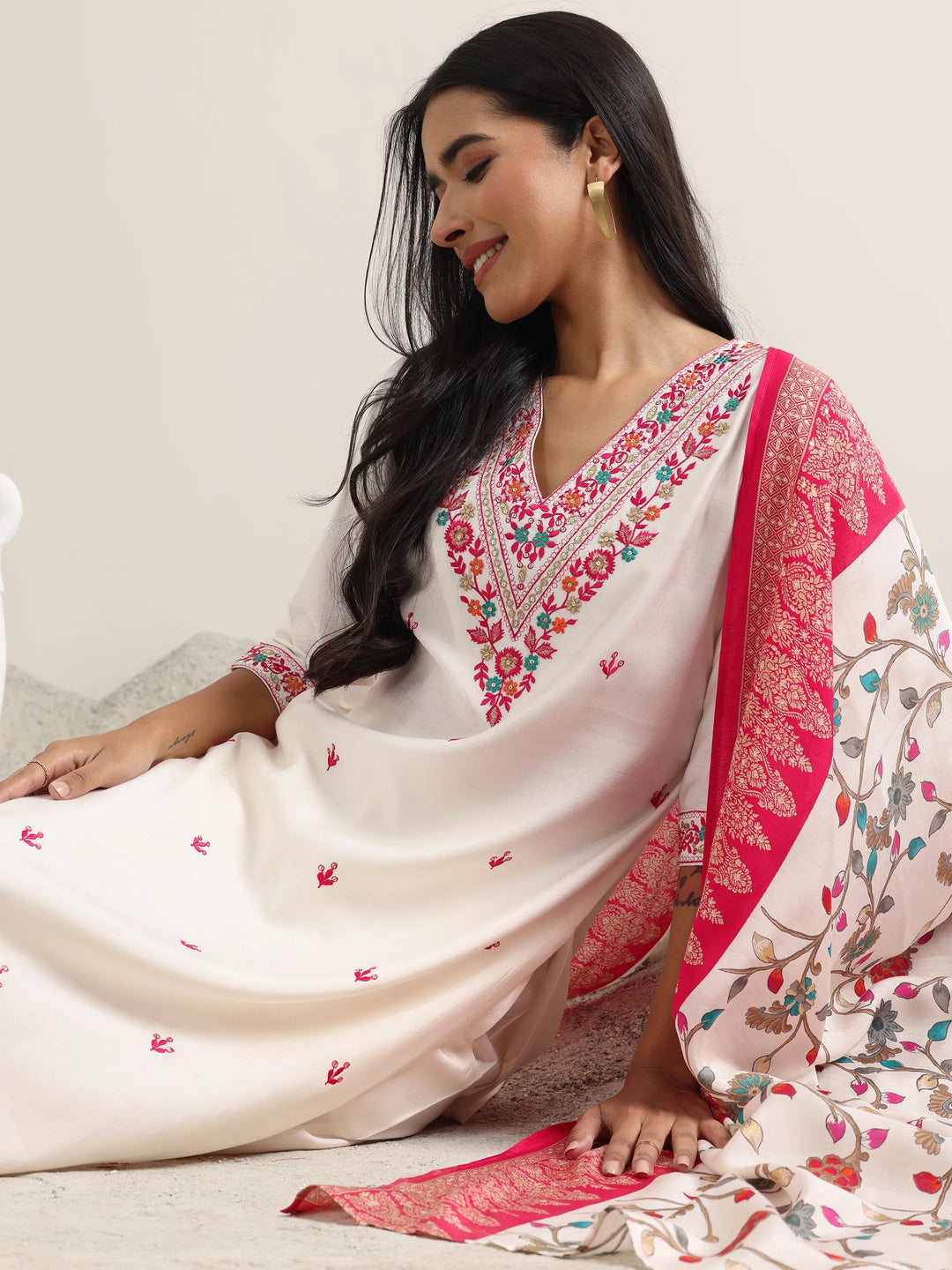  White Embroidered Rayon Straight Suit With Dupatta 