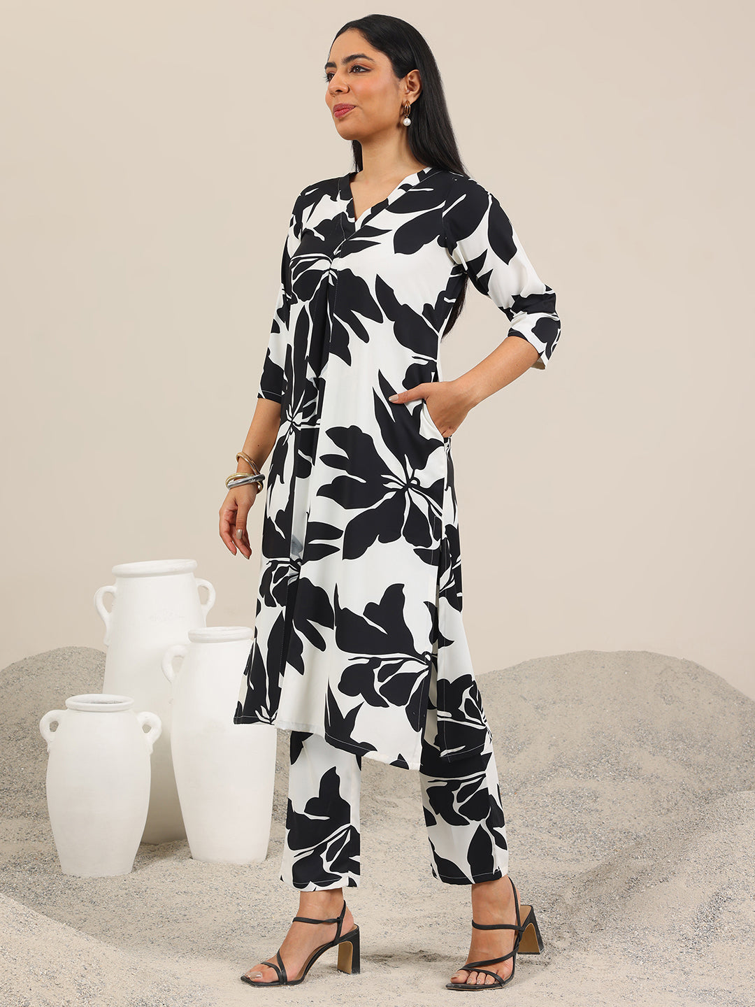  White Printed Crepe Co-Ord Sets 