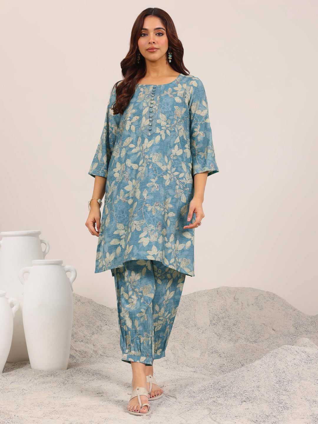  Blue Printed Silk Blend Co-Ord Sets 