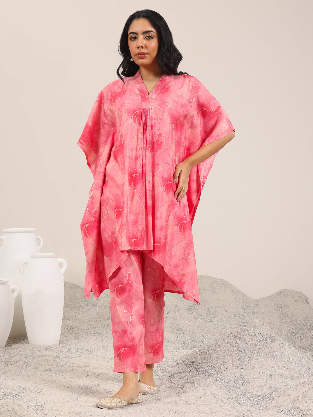  Coral Printed Silk Blend Co-Ord Sets 