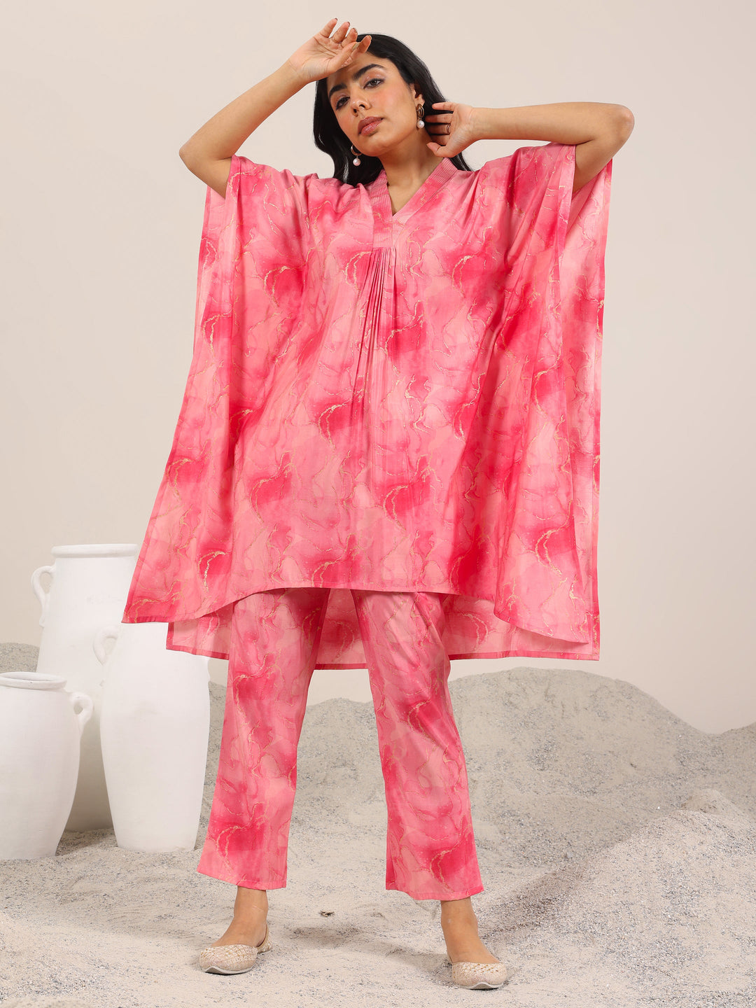  Coral Printed Silk Blend Co-Ord Sets 