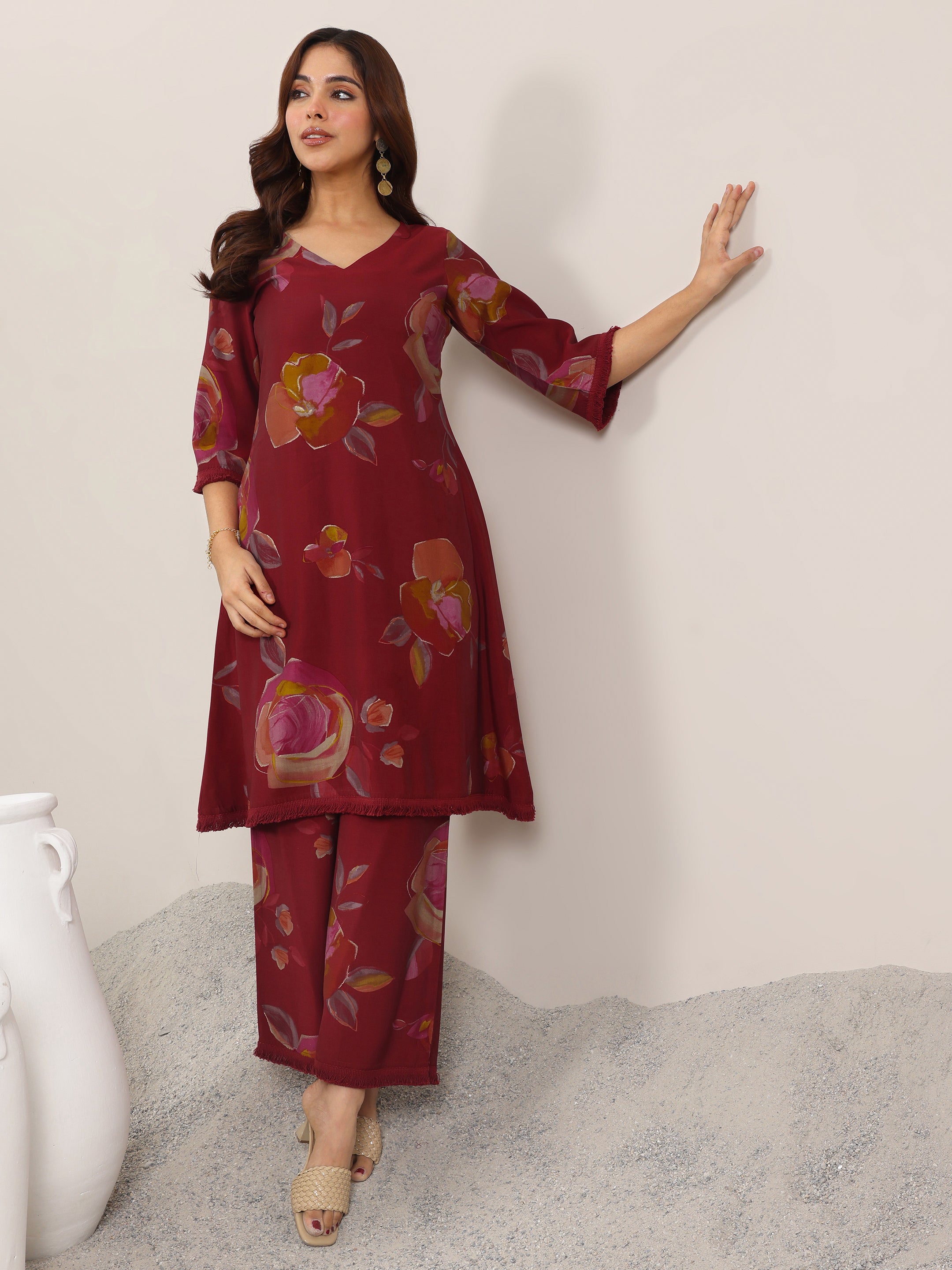 libas Maroon Printed Silk Blend A-Line Kurta Set-picture-29