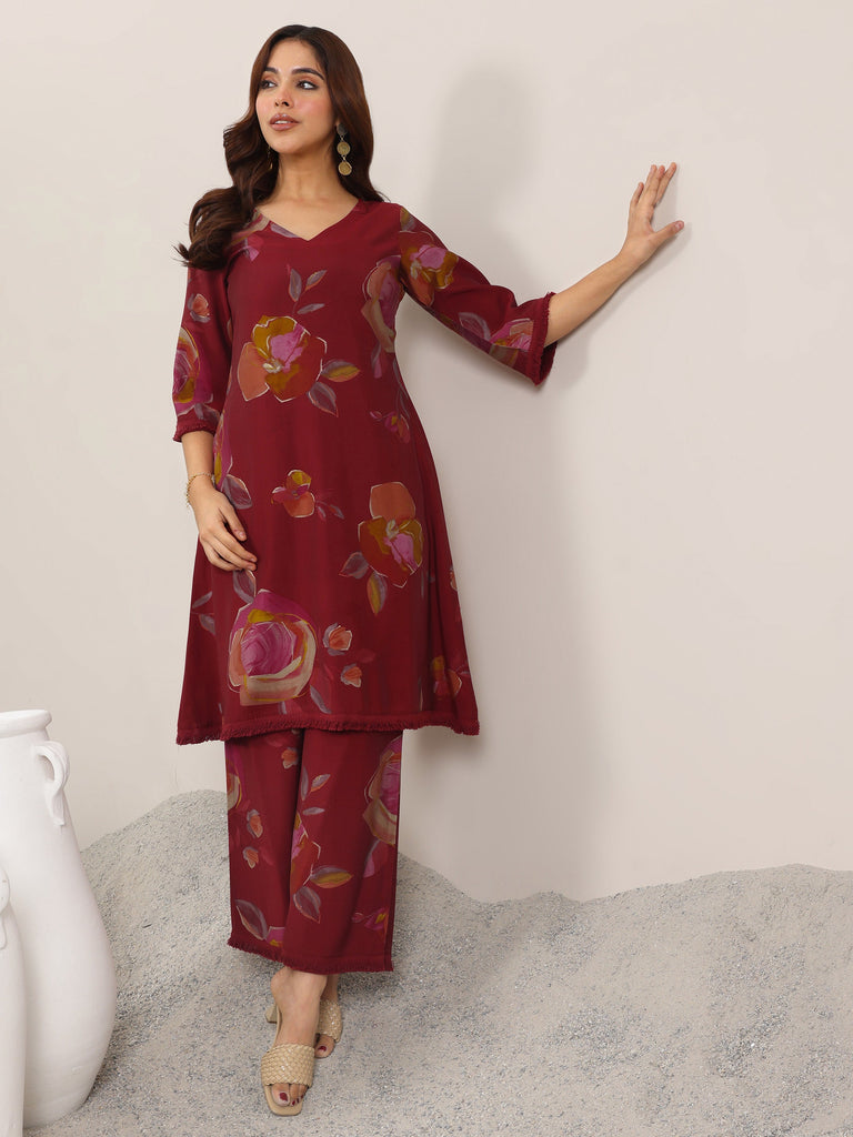 Libas Maroon Printed Silk Blend A-Line Kurta Set