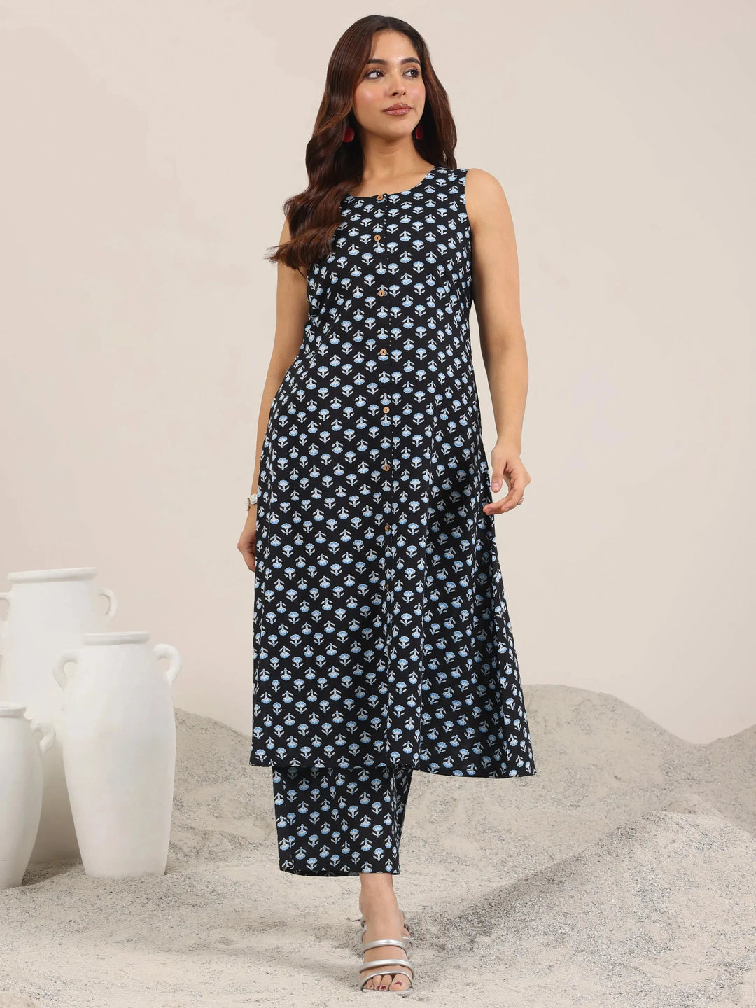  Blue Printed Pure Cotton A-Line Kurta Set 