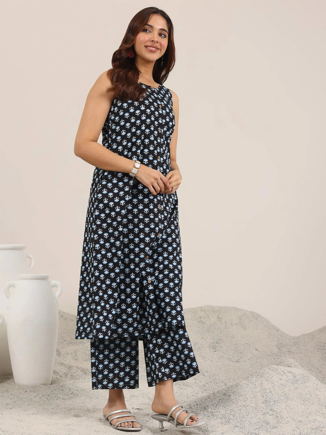  Blue Printed Pure Cotton A-Line Kurta Set 