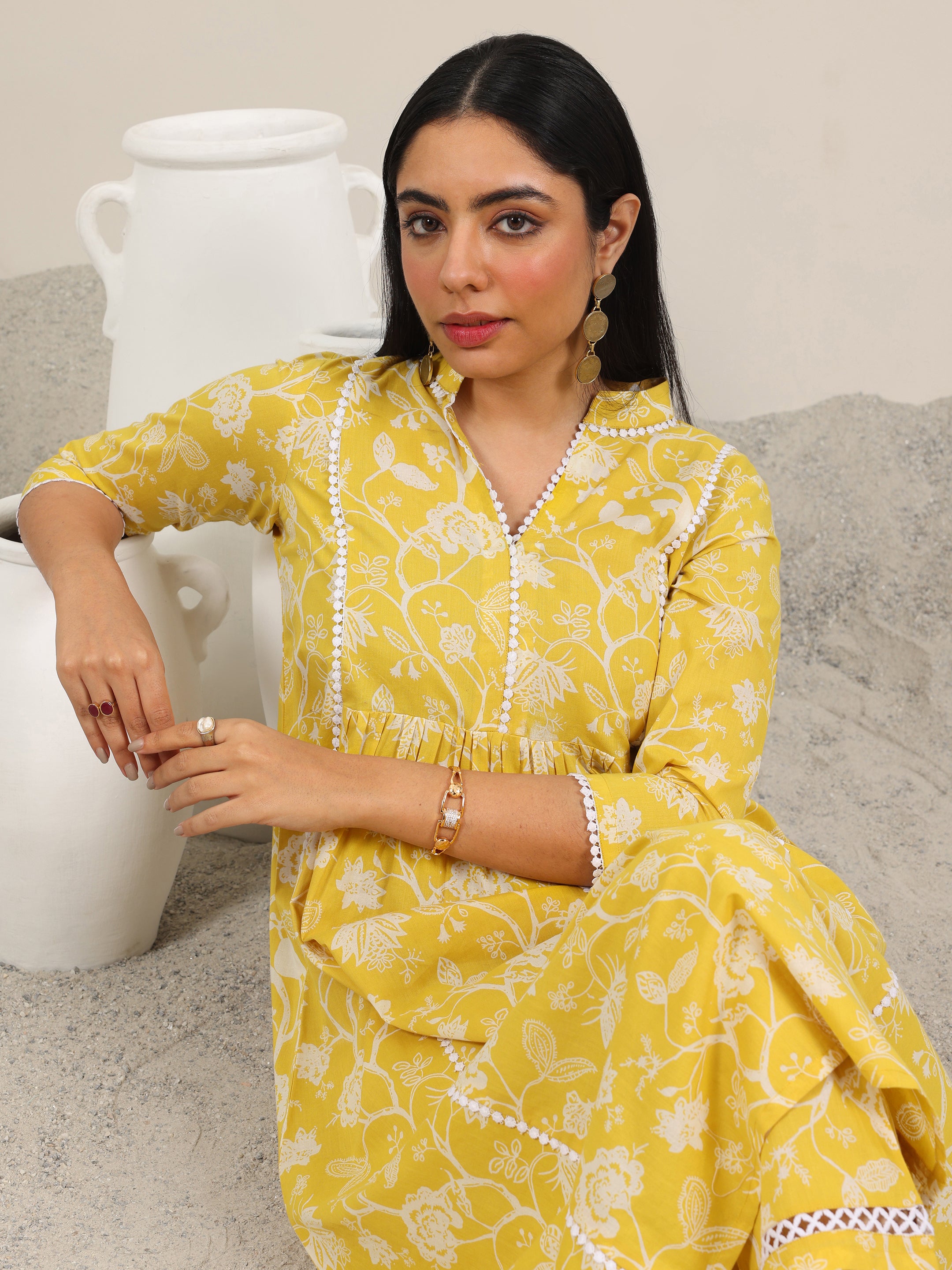 Yellow Printed Pure Cotton Straight Kurta Set-image-4
