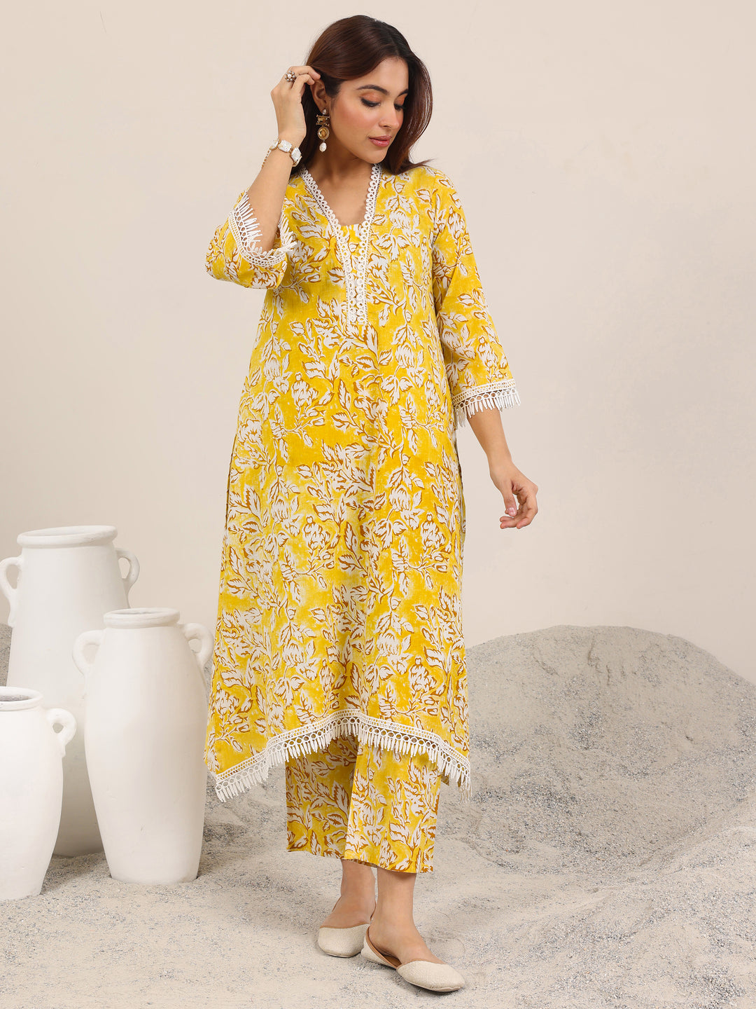  Mustard Printed Pure Cotton Straight Kurta Set 
