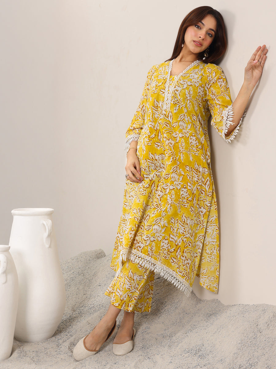Mustard Printed Pure Cotton Straight Kurta Set