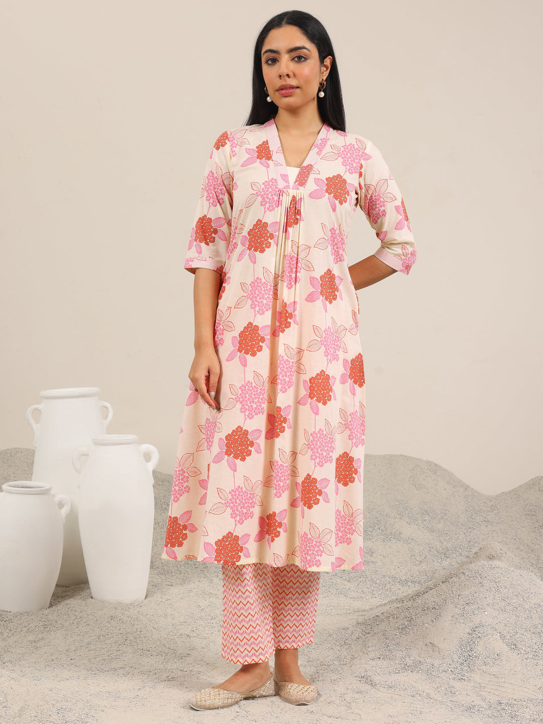  Off White Printed Pure Cotton A-Line Kurta Set 