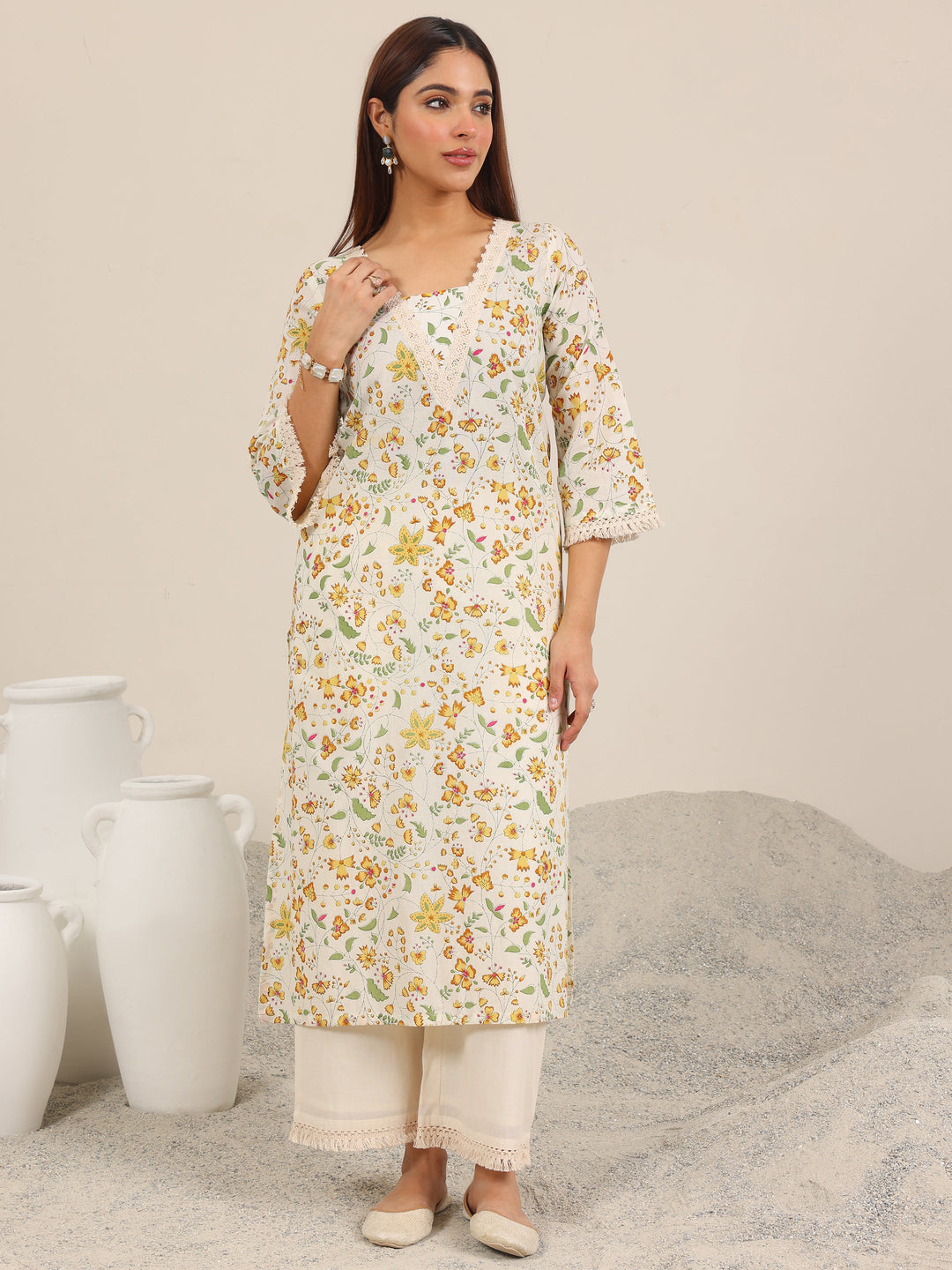  Off White Printed Pure Cotton Straight Kurta Set 