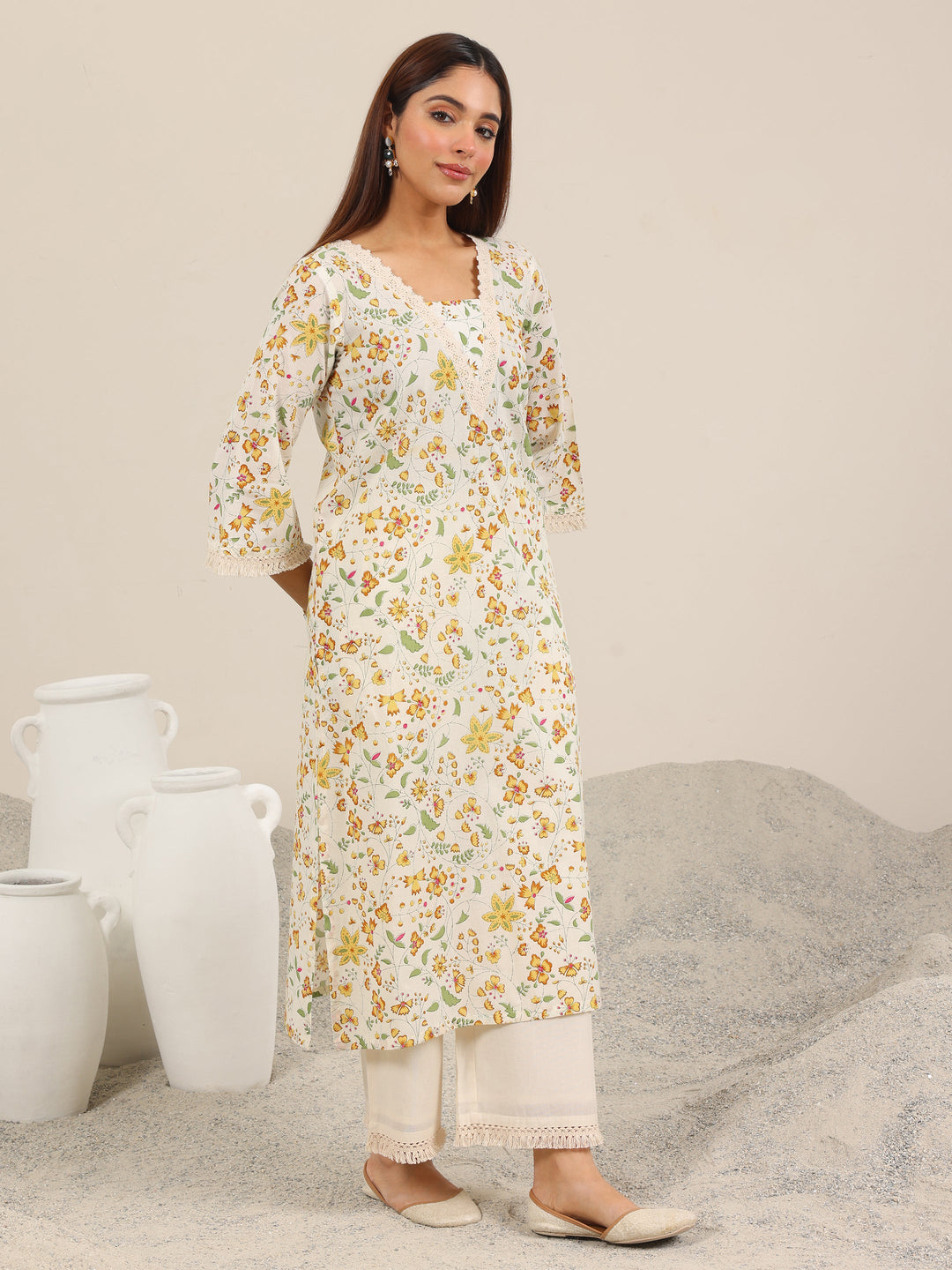  Off White Printed Pure Cotton Straight Kurta Set 