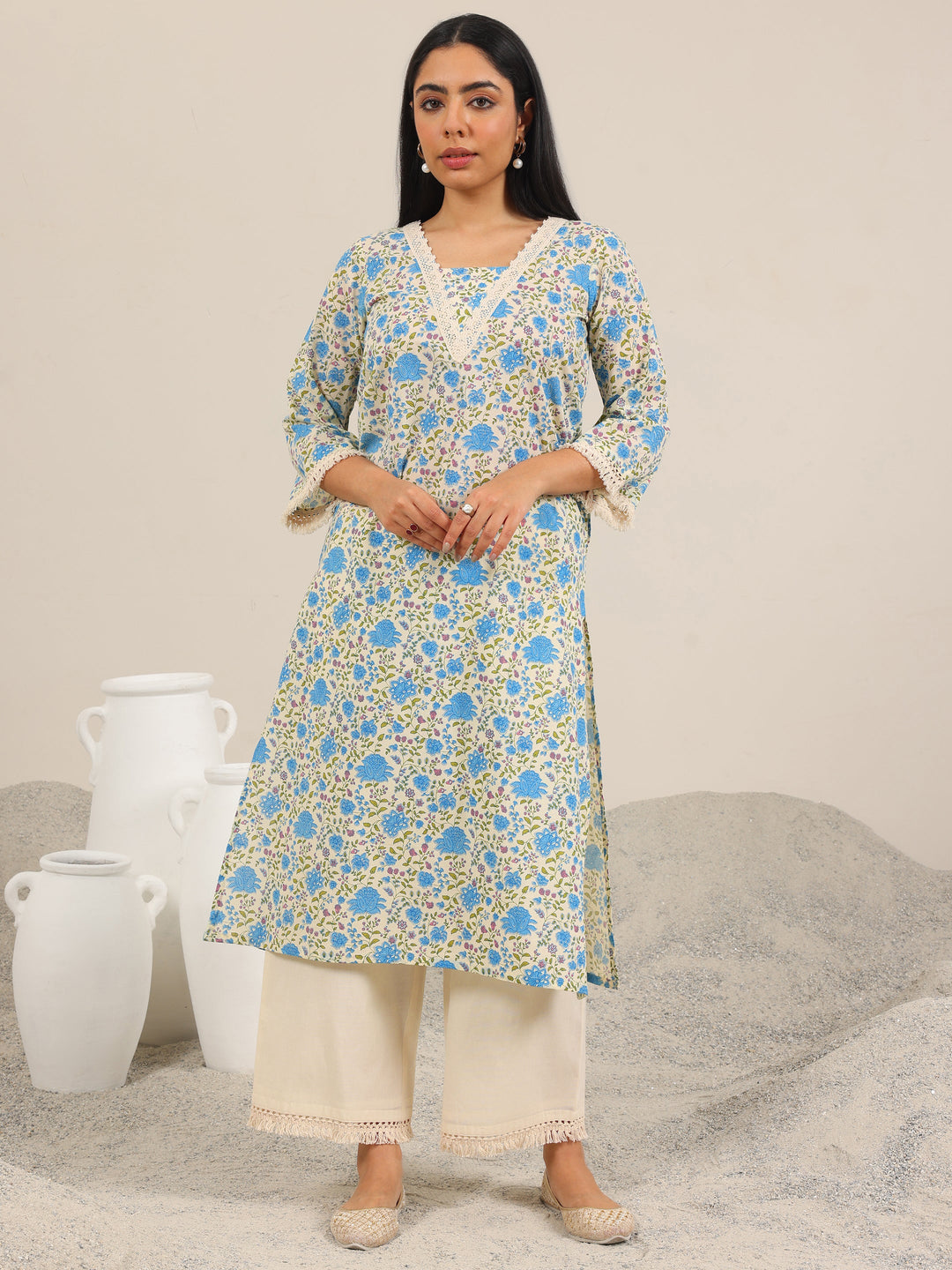  Off White Printed Pure Cotton Straight Kurta Set 