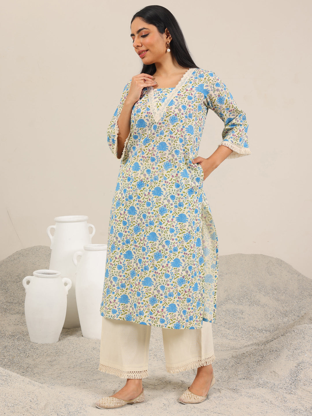  Off White Printed Pure Cotton Straight Kurta Set 